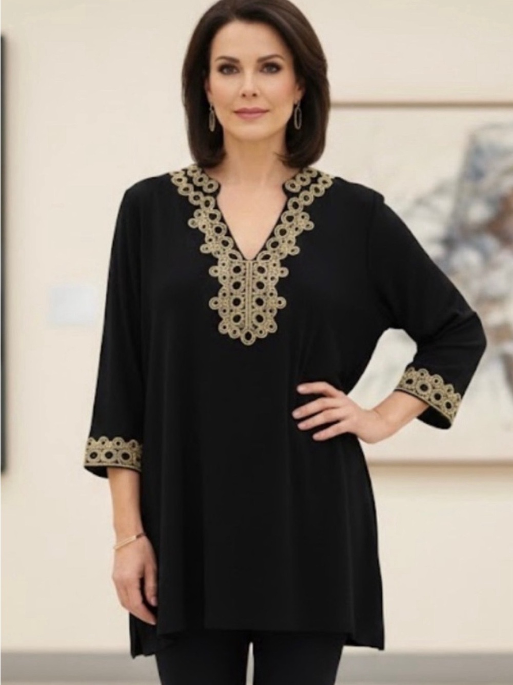 Charter Club Black Tunic with Gold Lace Trim